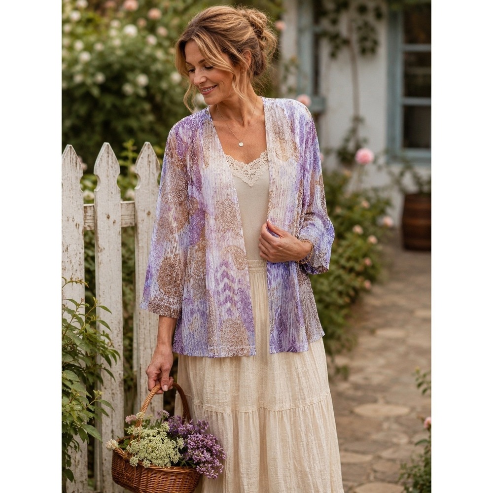 Alfred Dunner XL Purple Paisley Open Front Knit Cardigan Boho 3/4 Sleeve